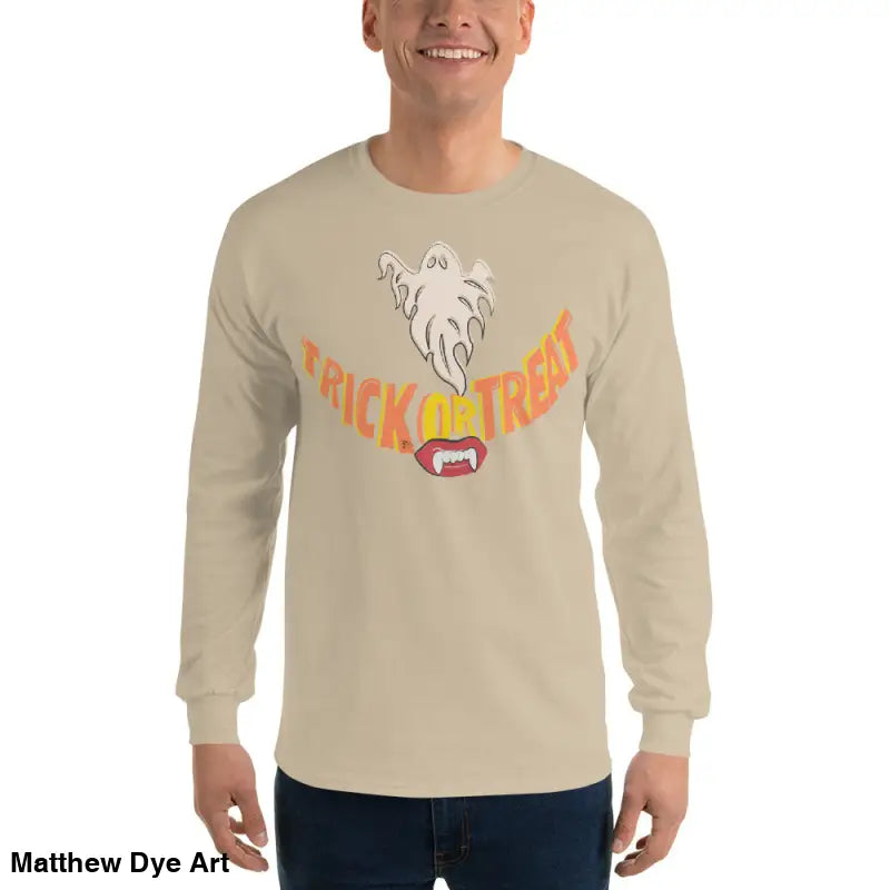Beige long-sleeved shirt featuring Halloween design for spooktacular comfort unisex wear