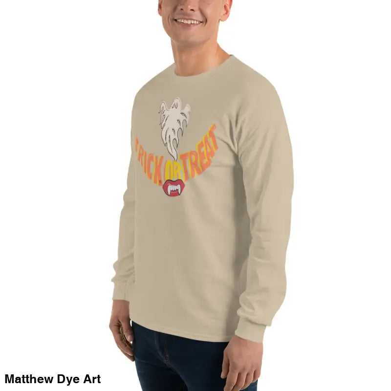 Beige long-sleeved shirt from Ghostly Grin offers spooktacular comfort unisex style