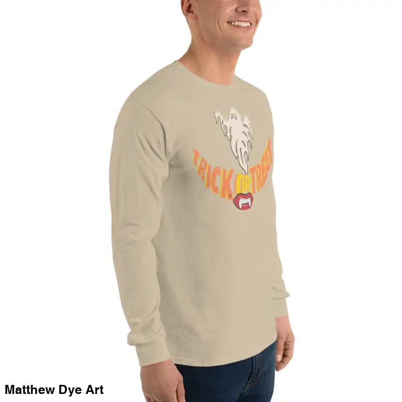 Beige long-sleeved shirt featuring Halloween design for spooktacular comfort unisex wear
