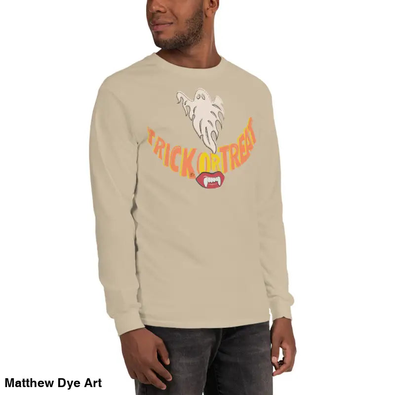 Beige long-sleeved shirt from Ghostly Grin offers spooktacular comfort unisex style