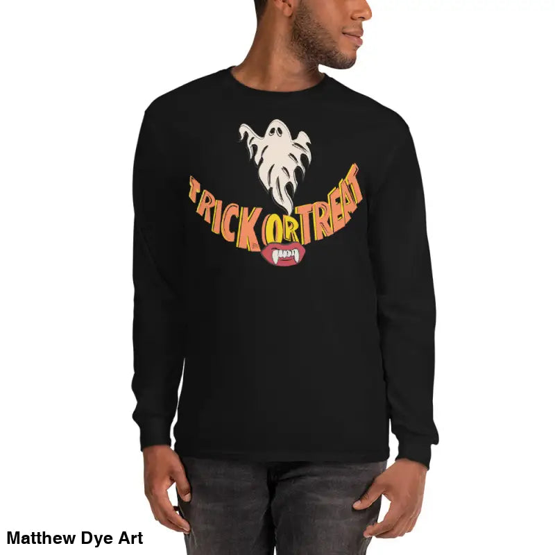Black long-sleeved shirt with Halloween graphic for spooktacular comfort unisex wear
