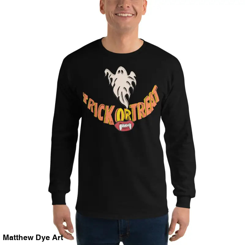Black long-sleeved Halloween shirt with vampire fangs for spooktacular comfort unisex wear
