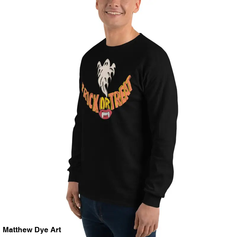 Black long-sleeved shirt featuring Halloween graphic for spooktacular comfort unisex