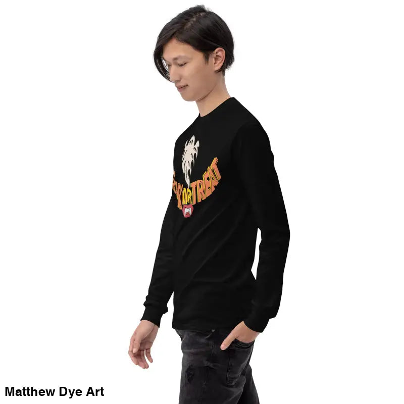 Black long-sleeved shirt featuring Halloween graphic for spooktacular comfort unisex style