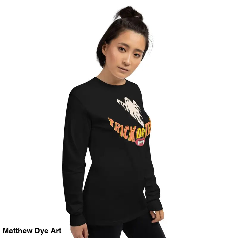Black long-sleeved shirt featuring Halloween graphic for spooktacular comfort unisex wear