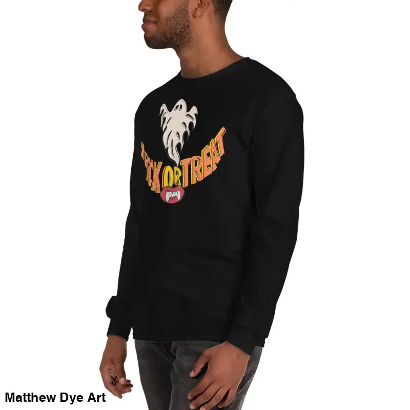 Black long-sleeved Halloween shirt featuring vampire fangs for spooktacular comfort unisex