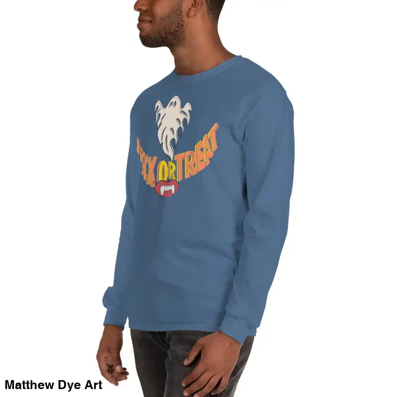 Blue long-sleeved Ghostly Grin tee featuring vampire fangs for spooktacular comfort unisex