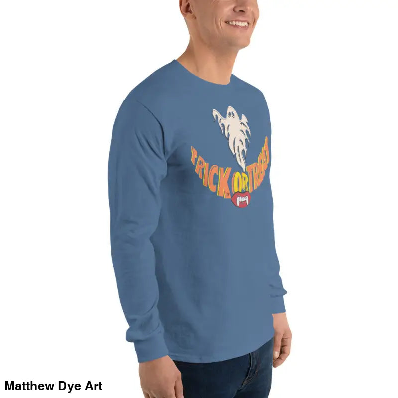 Blue long-sleeved shirt with Halloween graphic for spooktacular comfort unisex wear