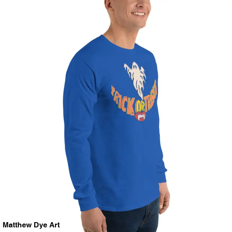Blue long-sleeved shirt featuring Ghostly Grin graphic for spooktacular comfort unisex wear