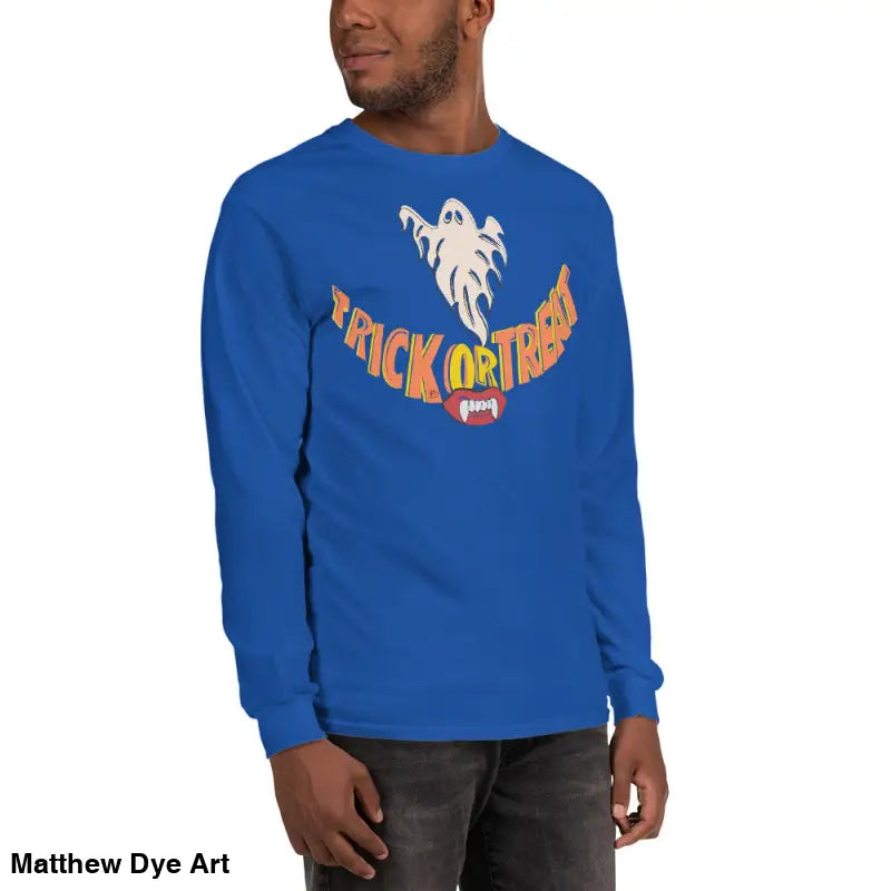 Blue long-sleeved shirt showcasing Spooktacular Comfort Unisex themed with vampire fangs