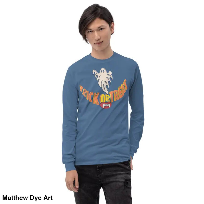 Blue long-sleeved Ghostly Grin shirt offers spooktacular comfort for Halloween festivities