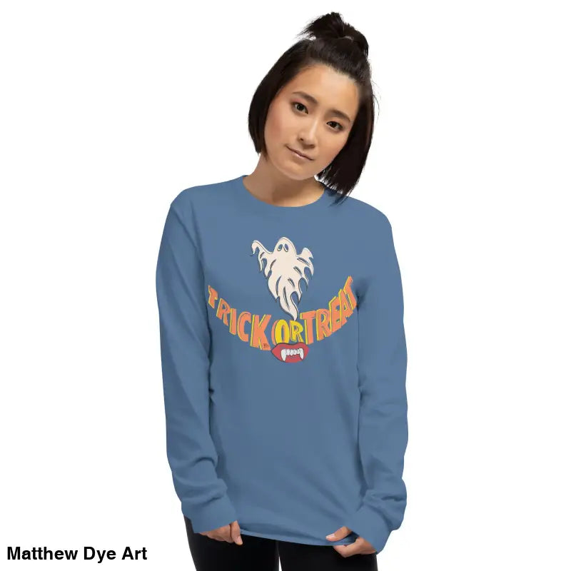 Blue long-sleeved shirt featuring Ghostly Grin design for spooktacular comfort unisex wear