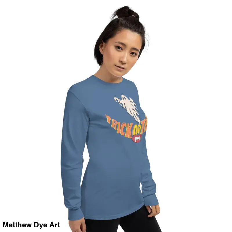 Blue long-sleeved Ghostly Grin tee with Halloween design offers spooktacular comfort unisex