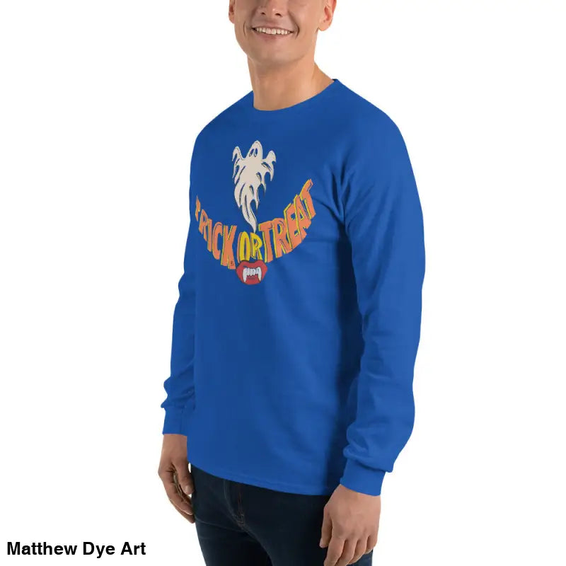 Blue long-sleeved shirt from Ghostly Grin offering spooktacular comfort unisex design