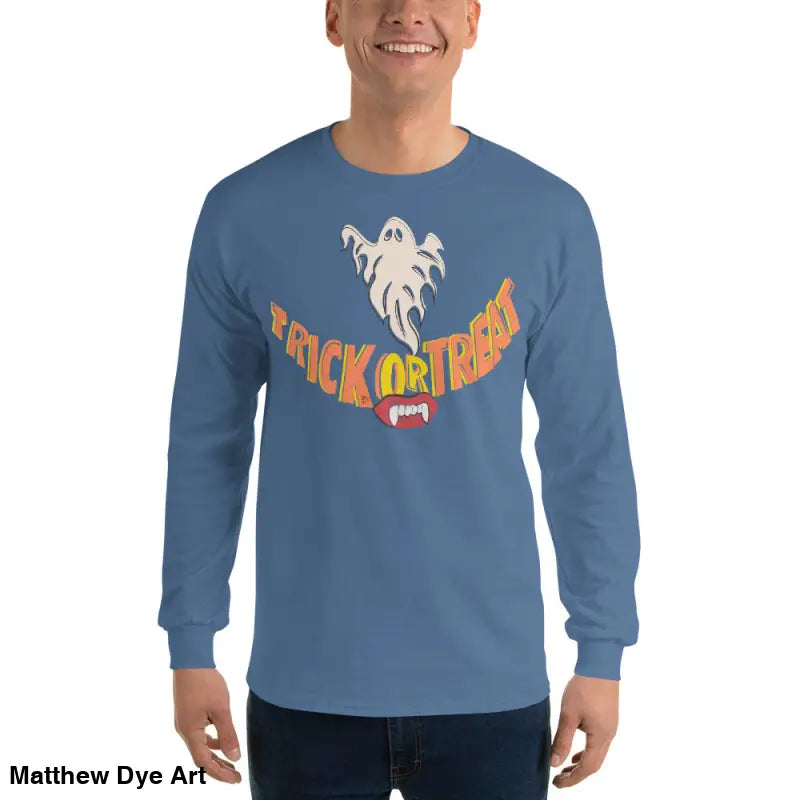 Blue long-sleeved shirt features Halloween graphic for spooktacular comfort unisex style