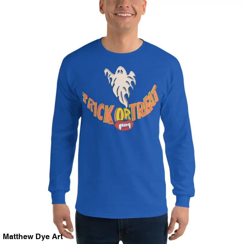Blue long-sleeved shirt featuring Halloween graphic for spooktacular comfort unisex wear