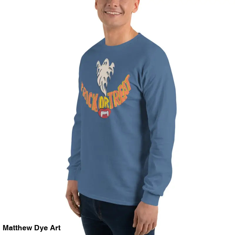 Blue long-sleeved Halloween shirt in Ghostly Grin design, offering spooktacular comfort unisex