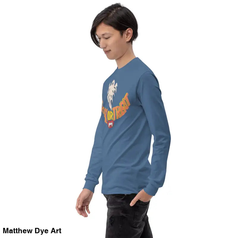Blue long-sleeved shirt from Ghostly Grin offers spooktacular comfort unisex style