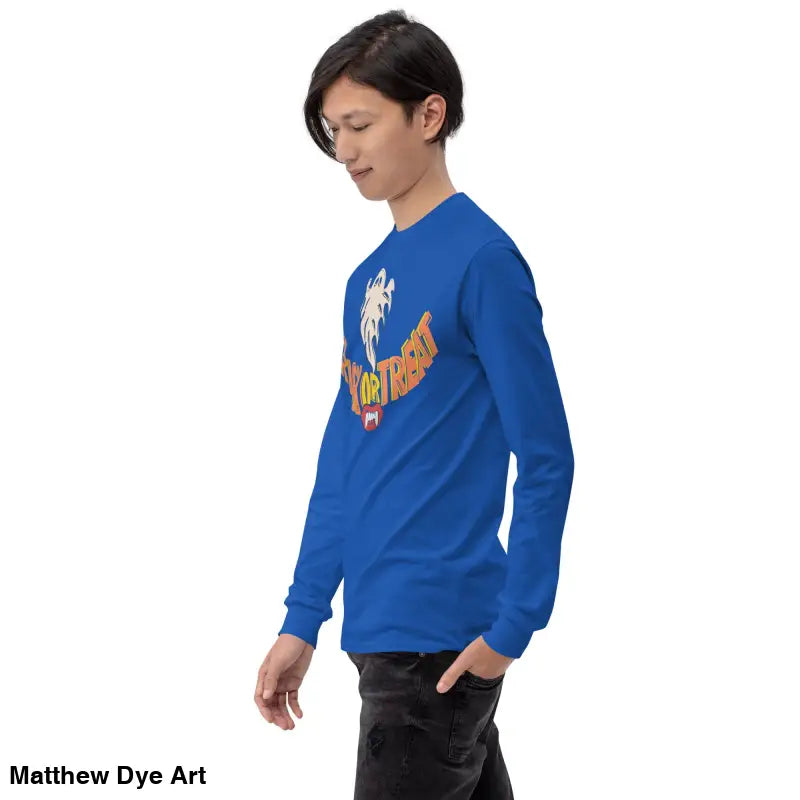 Blue long-sleeved shirt from Ghostly Grin offers spooktacular comfort for Halloween fun