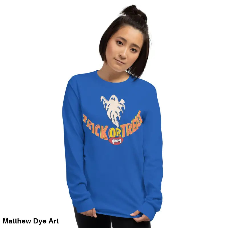 Blue long-sleeved Halloween shirt for spooktacular comfort in Ghostly Grin design
