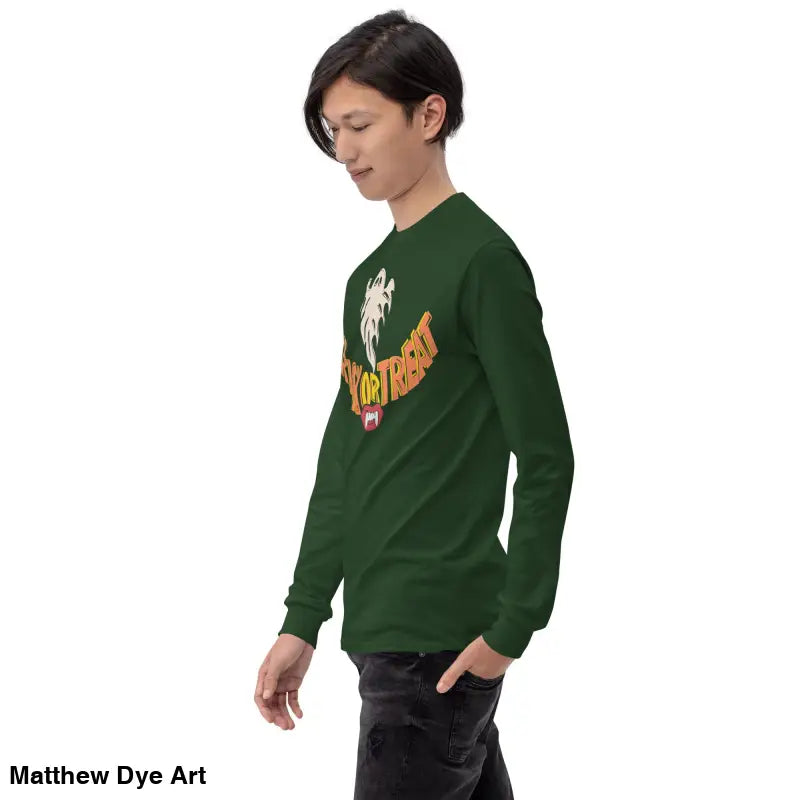 Green long-sleeved shirt featuring Halloween graphic for spooktacular comfort unisex wear