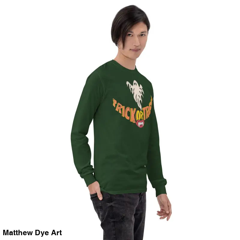 Green long-sleeved Ghostly Grin shirt offering spooktacular comfort for Halloween fun