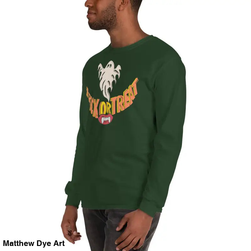 Green long-sleeved shirt featuring Halloween graphic with vampire fangs for spooktacular comfort