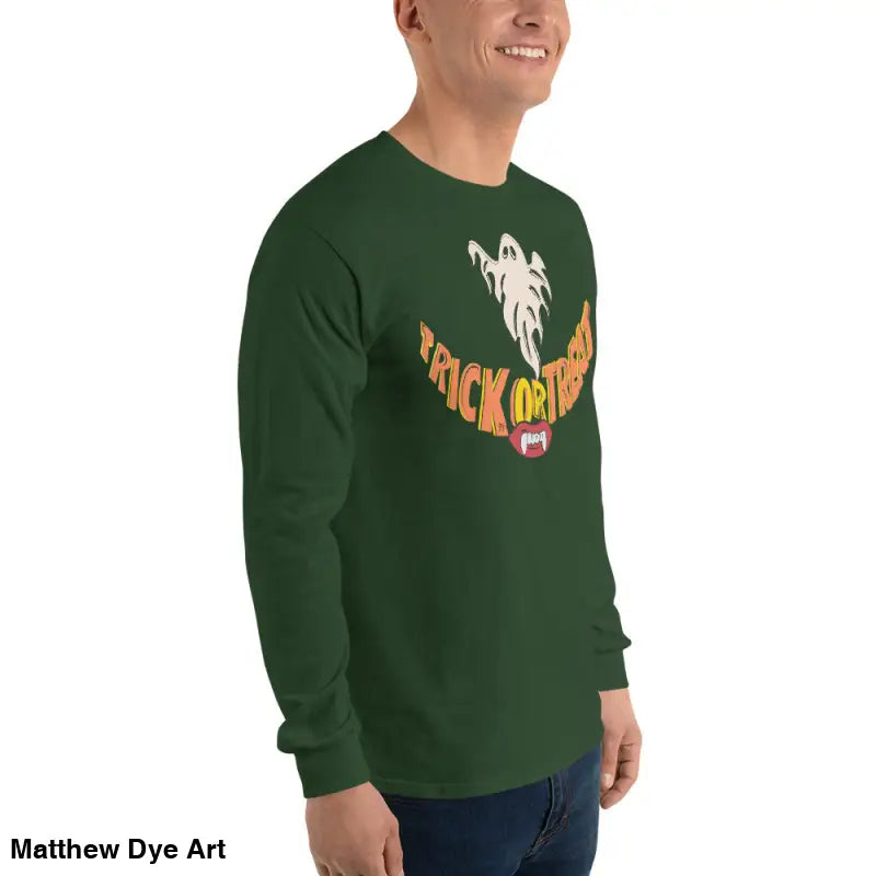 Green long-sleeved shirt with Halloween graphic for spooktacular comfort unisex style