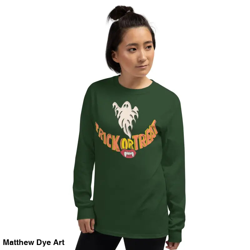 Green long-sleeved Halloween shirt offering spooktacular comfort for all ages