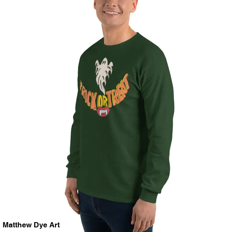 Green long-sleeved Halloween shirt offering spooktacular comfort for all ages