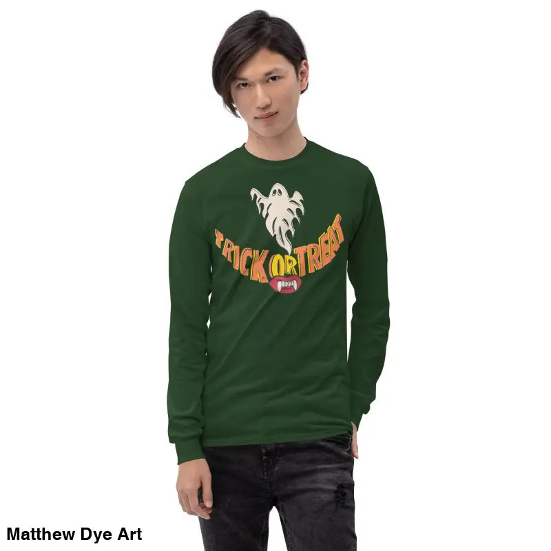 Green long-sleeved Halloween shirt offering spooktacular comfort for all ages
