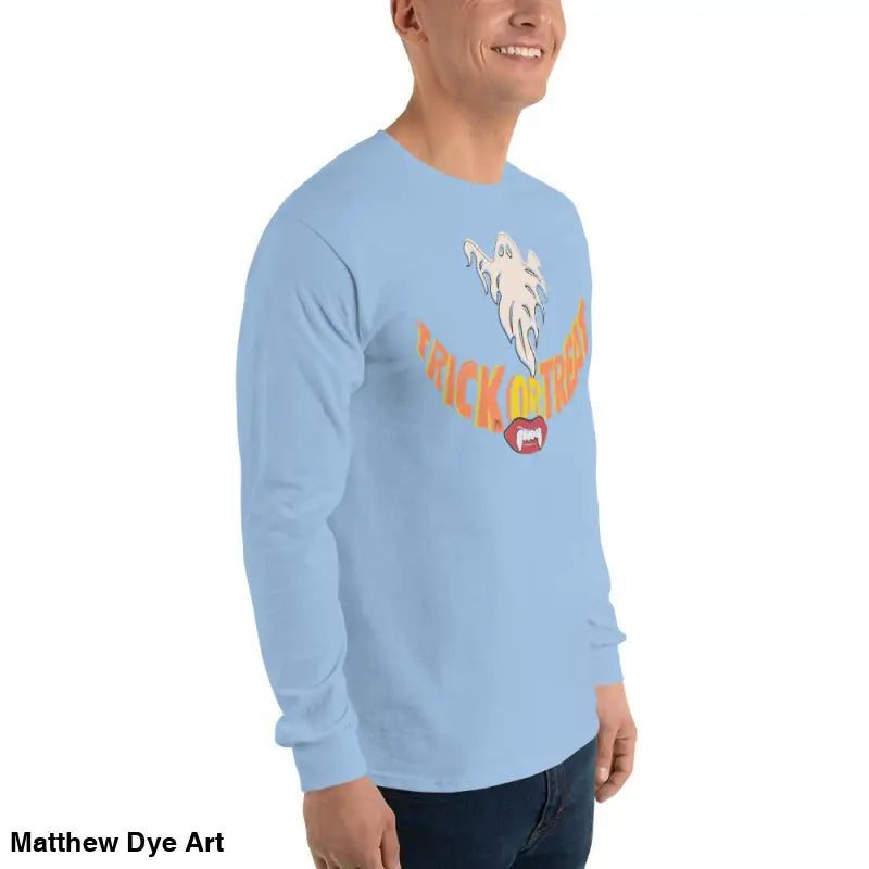 Light blue unisex long-sleeved shirt offering spooktacular comfort with vampire fangs design