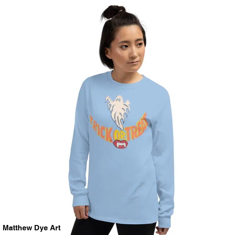 Light blue unisex long sleeve shirt featuring Halloween graphic for spooktacular comfort