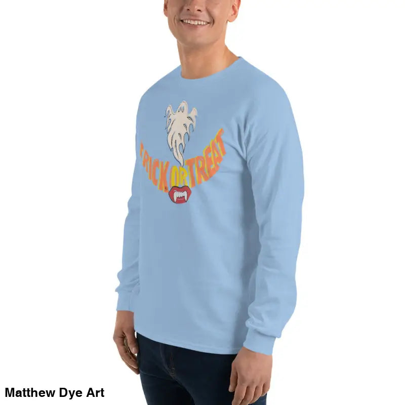 Light blue long-sleeved shirt featuring Halloween design for spooktacular comfort unisex