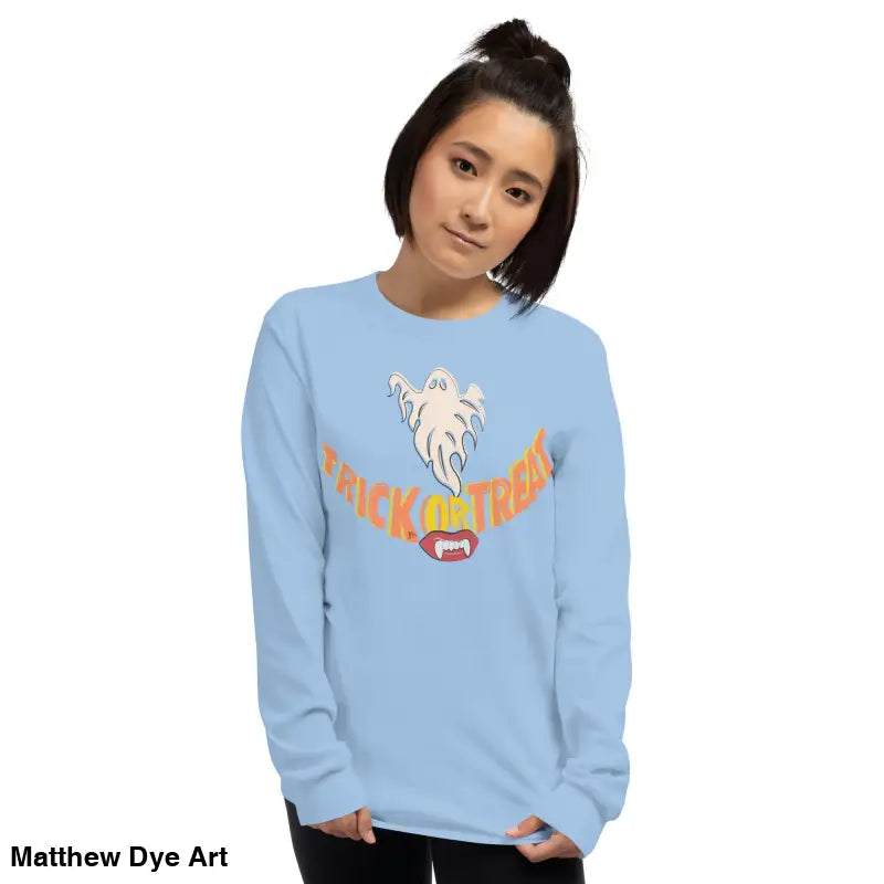 Light blue long-sleeved shirt from Ghostly Grin offers spooktacular comfort for all