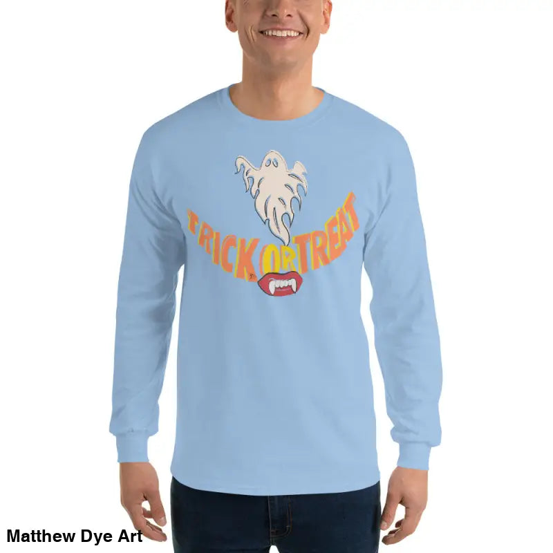 Light blue unisex long-sleeved shirt with Halloween design for spooktacular comfort