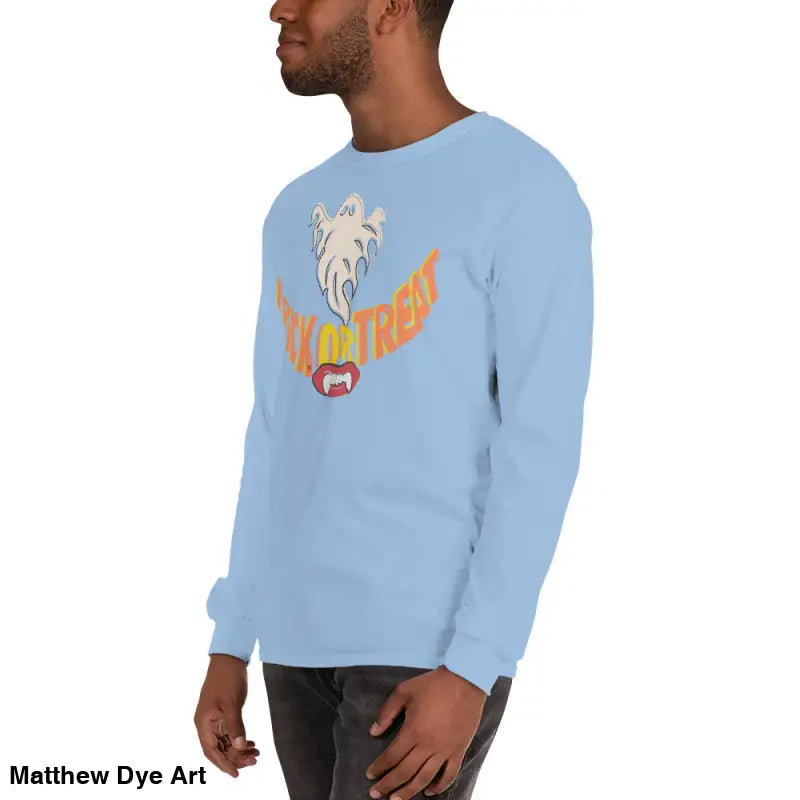 Light blue long-sleeved shirt featuring vampire fangs for spooktacular comfort unisex