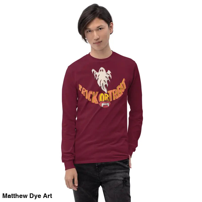 Maroon long-sleeved shirt with Halloween graphic for spooktacular comfort unisex wear