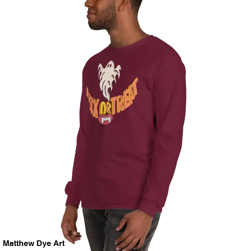 Maroon long-sleeved Ghostly Grin shirt with Halloween graphic for spooktacular comfort unisex