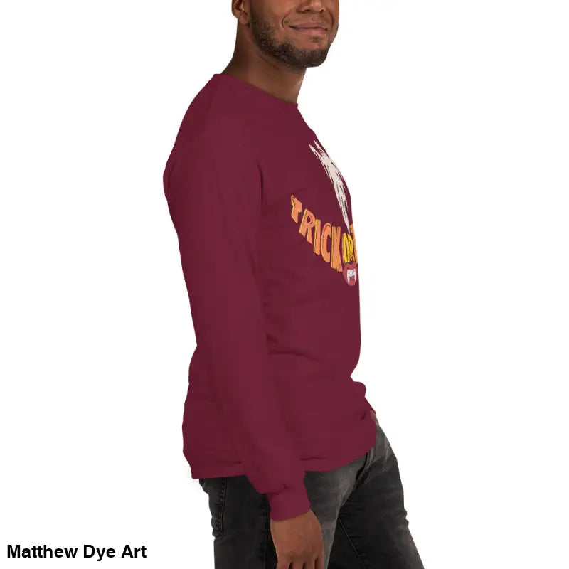 Maroon long-sleeved shirt featuring vampire fangs for spooktacular comfort unisex wear