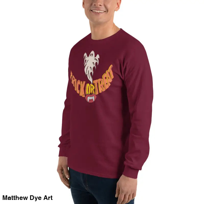 Maroon long-sleeve Halloween shirt featuring vampire fangs for spooktacular comfort unisex