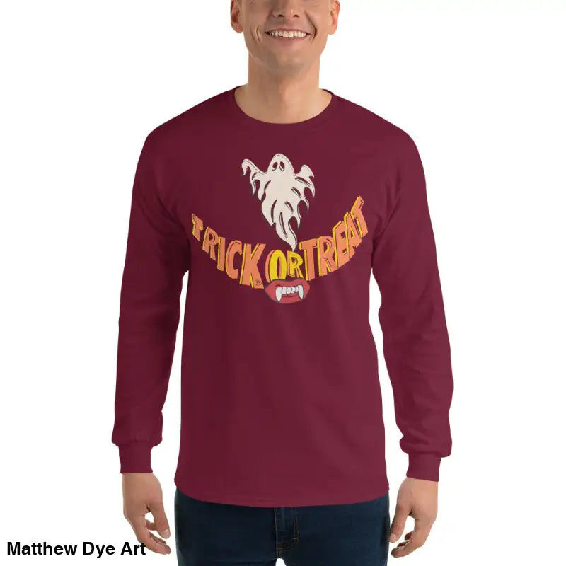 Maroon long-sleeved shirt with Halloween graphic for spooktacular comfort unisex wear