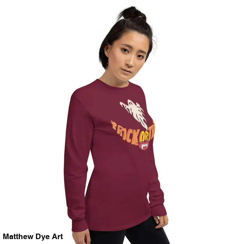Maroon long-sleeved shirt featuring Halloween graphic for spooktacular comfort unisex wear