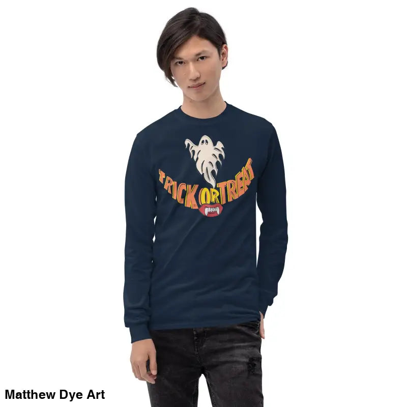 Navy long-sleeved Halloween shirt featuring vampire fangs for spooktacular comfort unisex