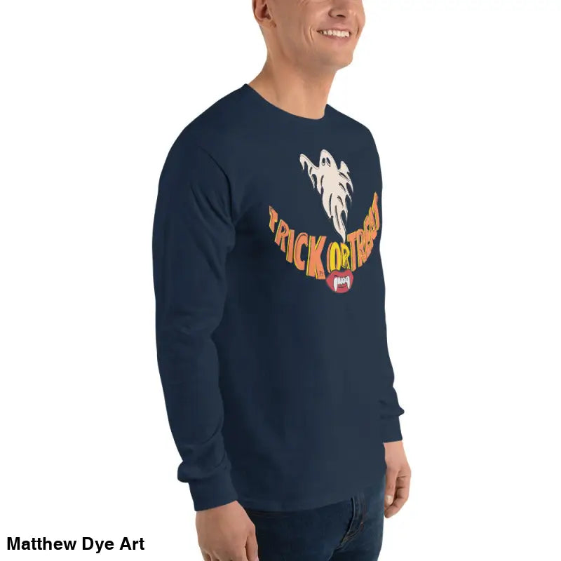 Navy long-sleeved Ghostly Grin Tee offering spooktacular comfort for Halloween festivities