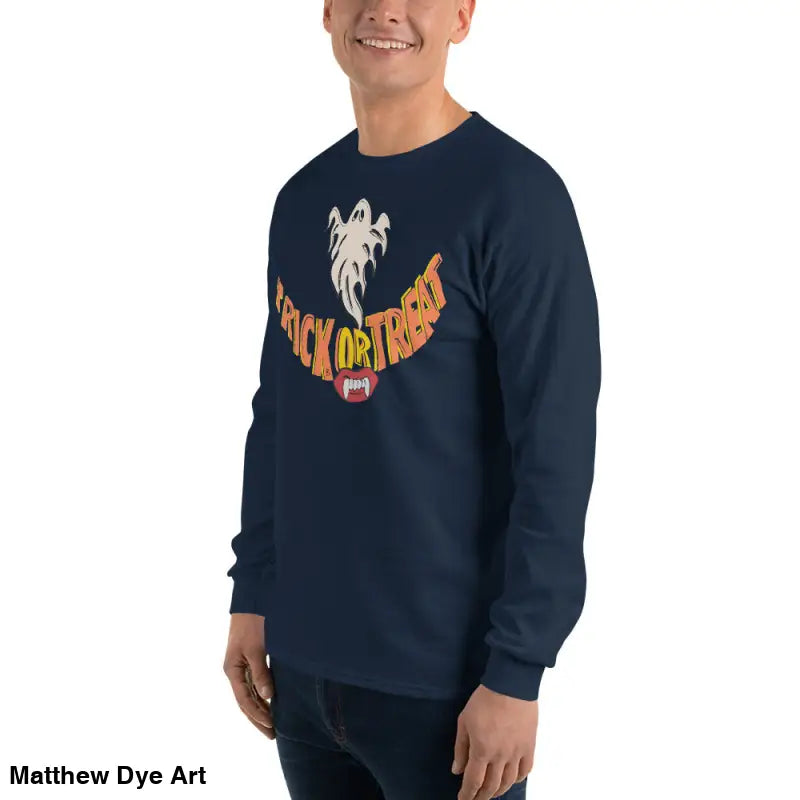 Navy long-sleeved Halloween shirt offering spooktacular comfort for all trick-or-treaters