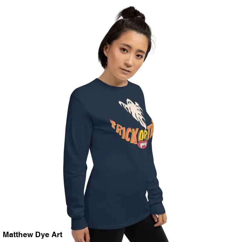 Navy long-sleeved shirt featuring Halloween graphic for spooktacular comfort unisex wear