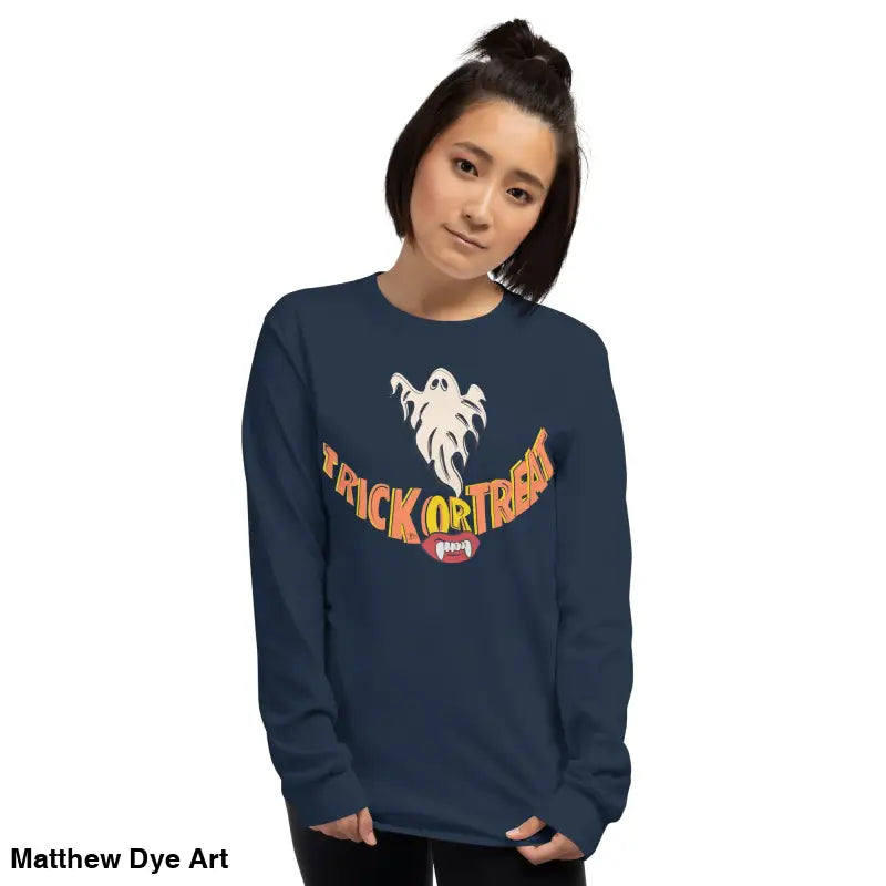 Navy blue long-sleeved shirt featuring Halloween graphic for spooktacular comfort unisex