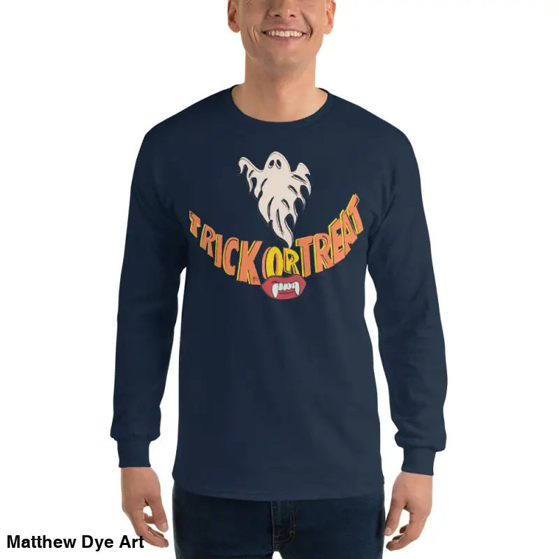Navy long-sleeved Halloween shirt featuring Ghostly Grin for spooktacular comfort unisex