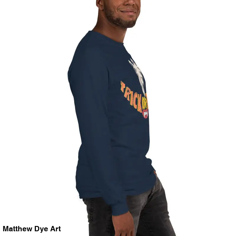 Navy long-sleeve shirt featuring vampire fangs for spooktacular comfort unisex wear